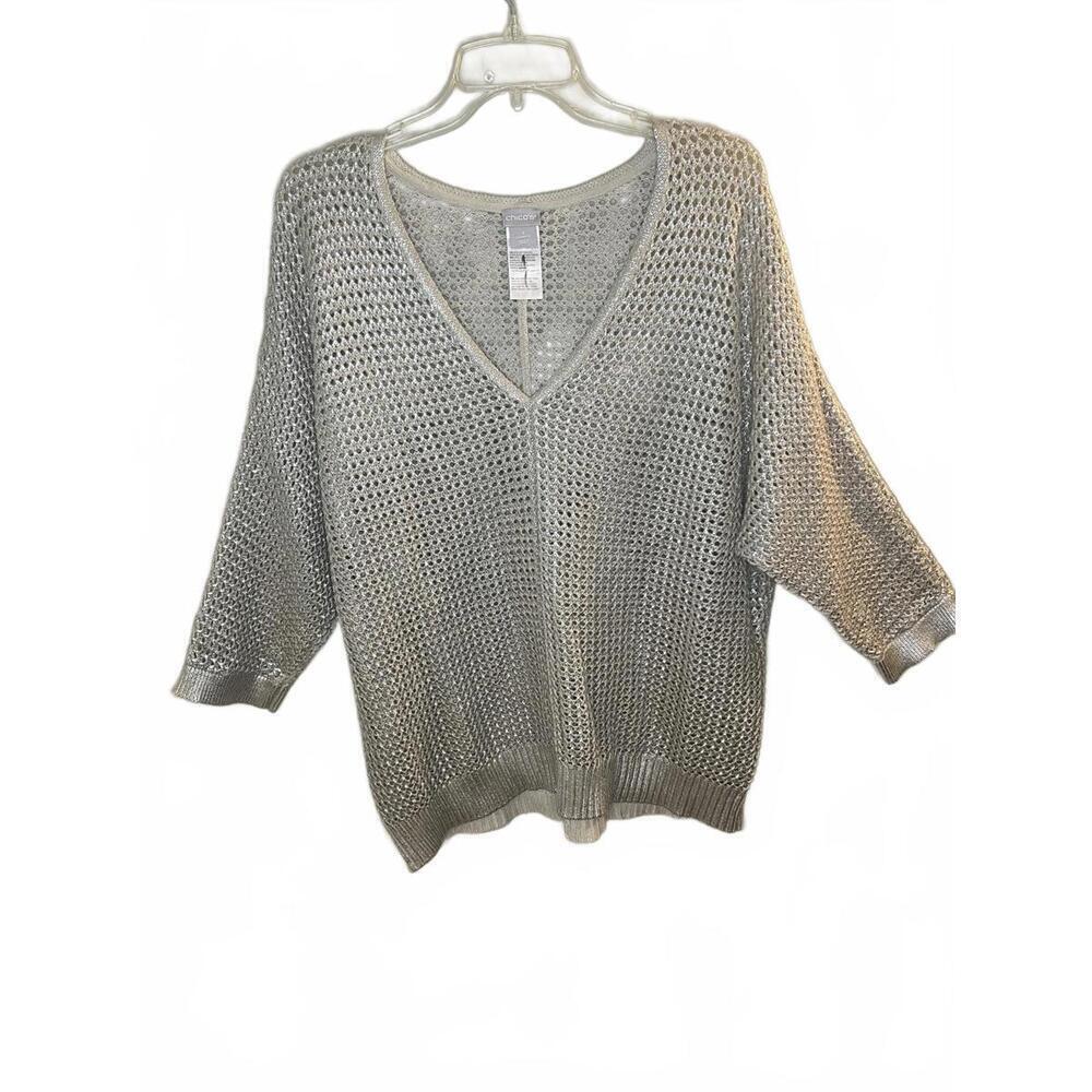 Chico's Crochet Knit V-Neck Gold Metallic 3/4 Sleeve Sweater Lightweight Size XL
